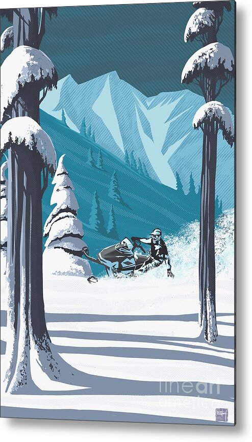 Travel Poster Metal Print featuring the digital art Snowmobile Landscape by Sassan Filsoof