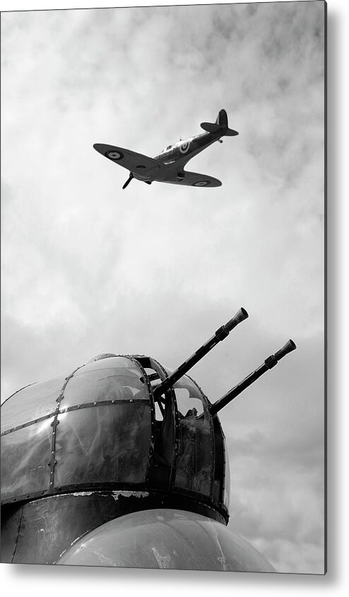 Formation Flying Metal Print featuring the photograph Spitfire And Lancaster Aircraft by Johncairns