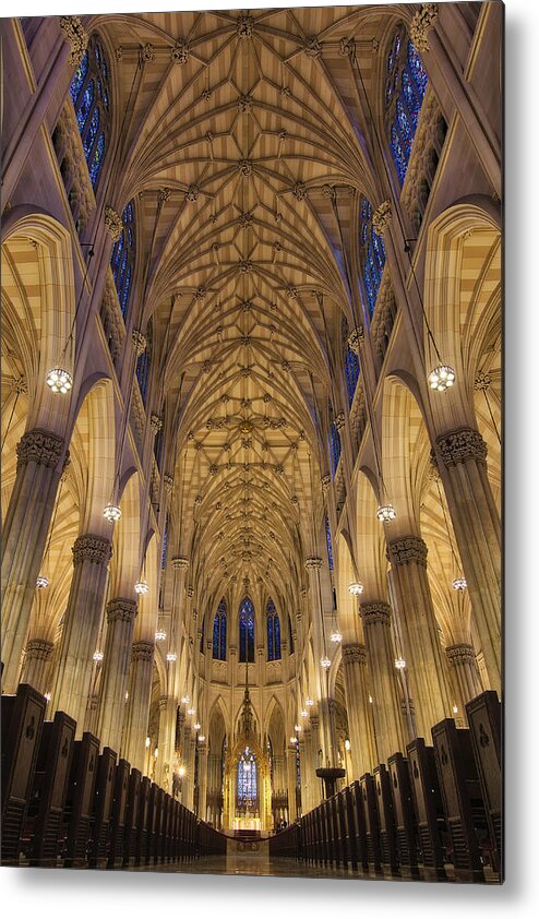 Saint Patrick's Cathedral In New York Column Vault Arch Ceiling Edifice Embellished Religious Rotunda Congress Intricate Staircase Historical Landmark Saint Patrick's Cathedral Luc Patricio Manhattan Patrick's Usa New York Gothic Nyc Church Fisheye Ceilin Metal Print featuring the photograph St. Patrick\'s Cathedral In New York by Bartolome Lopez