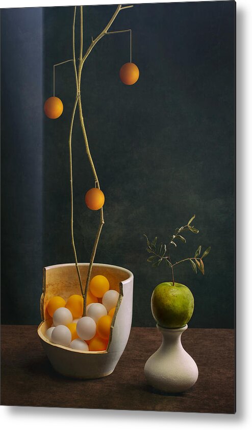 Still Life Metal Print featuring the photograph Still Life With A Split Vase With Balls And An Apple by Brig Barkow