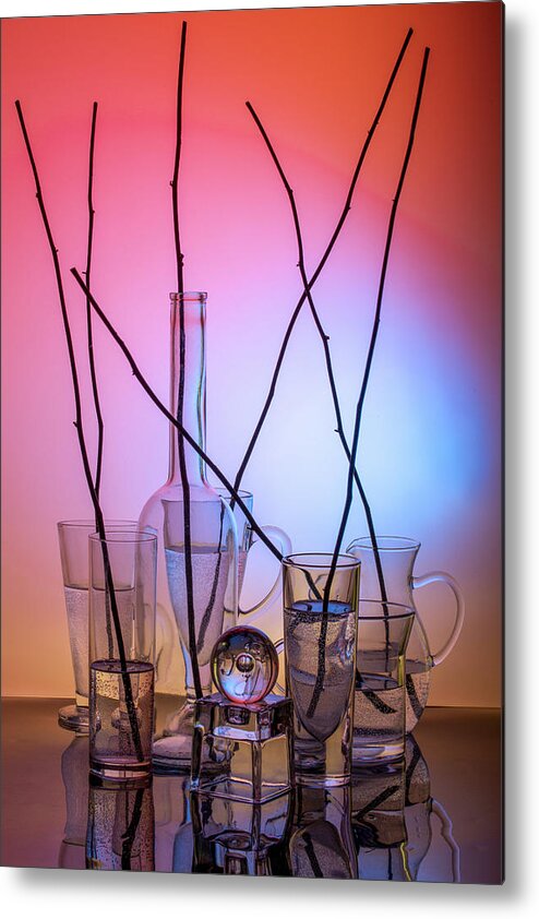 Still Life Metal Print featuring the photograph Still Life With Glassware With Liquid And Sticks by Brig Barkow