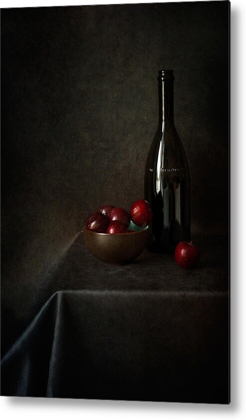 Red Metal Print featuring the photograph Still Life With Plums And A Bottle by Lenka