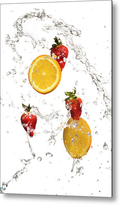 Orange Color Metal Print featuring the photograph Strawberries And Orange Slices In A by Alina555