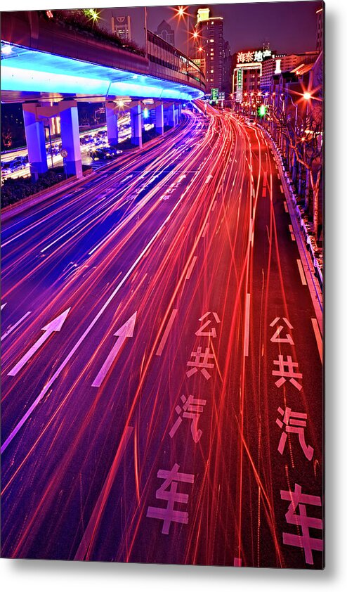 Outdoors Metal Print featuring the photograph Street Traffic At Night, Shanghai, China by William Yu Photography