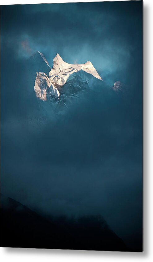 Himalayas Metal Print featuring the photograph Sunlit Snow Himalaya Peak Dark Swirling by Fotovoyager