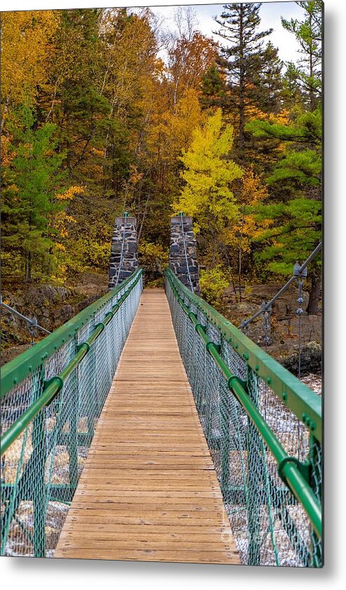 Bridge Metal Print featuring the photograph Swinging Bridge in Autumn by Susan Rydberg