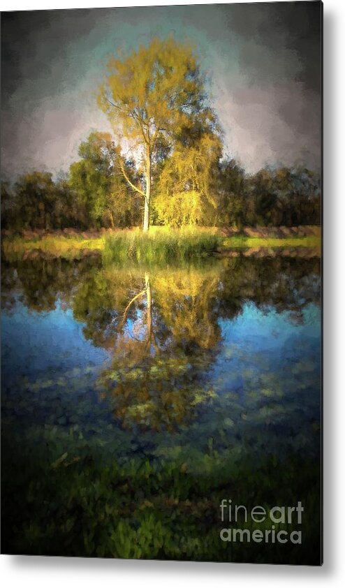Nature Metal Print featuring the digital art Trees and pond by Patricia Hofmeester