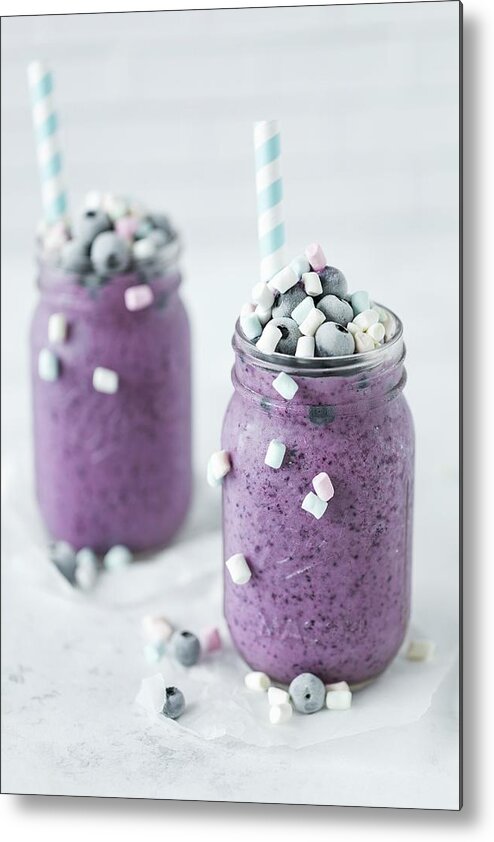 Ip_12381447 Metal Print featuring the photograph Two Glasses Of Blueberry Kefir With Marshmallows by Emma Friedrichs