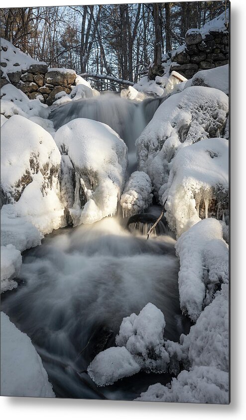 Winter Snow Ice Freezing Cold Outside Outdoors Nature River Stream Brook Ma Mass Massachusetts Brian Hale Brianhalephoto New England Newengland Usa U.s.a. Water Waterfall Falls Sky Woods Secluded Secret Long Exposure Metal Print featuring the photograph Upper falls - arctic by Brian Hale