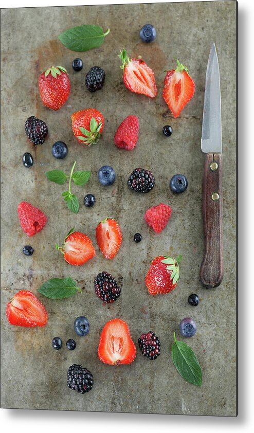 Large Group Of Objects Metal Print featuring the photograph Various Berries On Vintage Table by Ivana Jurcic