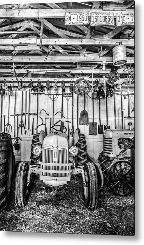 Appalachia Metal Print featuring the photograph Waiting in the Garage Tools and Tractors in Black and White by Debra and Dave Vanderlaan