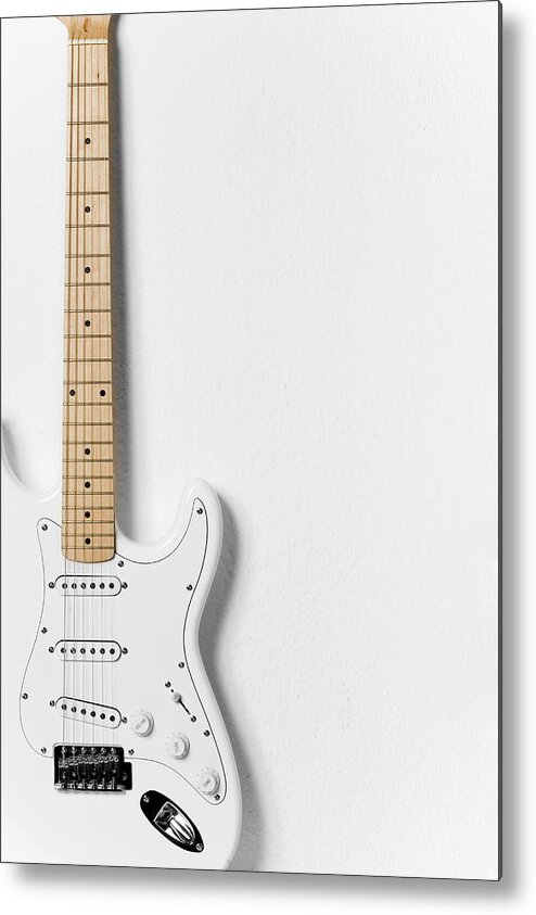 White Background Metal Print featuring the photograph White Electric Guitar by Stock4b Creative