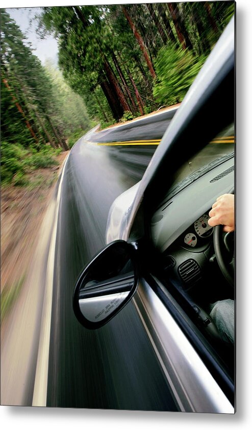 Curve Metal Print featuring the photograph Woman Driving Car Through Rainforest by Caroline Purser