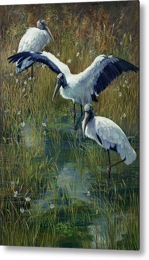 Birds Metal Print featuring the painting Woodstorks Breakfast Club by Laurie Snow Hein