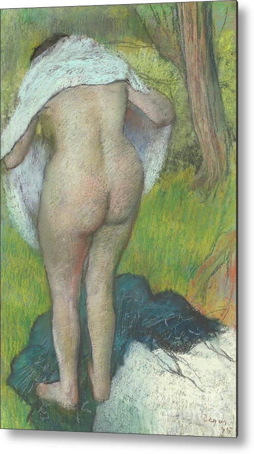 Female Metal Print featuring the pastel Young Woman Dressing Herself, 1885 by Edgar Degas