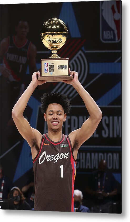 Anfernee Simons Metal Print featuring the photograph 2021 NBA All-Star - AT&T Slam Dunk Contest #1 by Nathaniel S. Butler