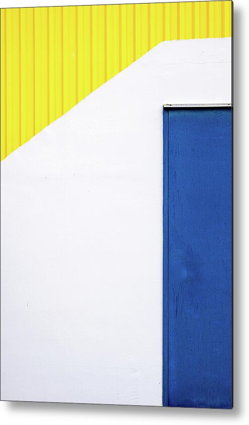 Minimal Metal Print featuring the photograph Blue close metal door on a white and yellow wall. #1 by Michalakis Ppalis