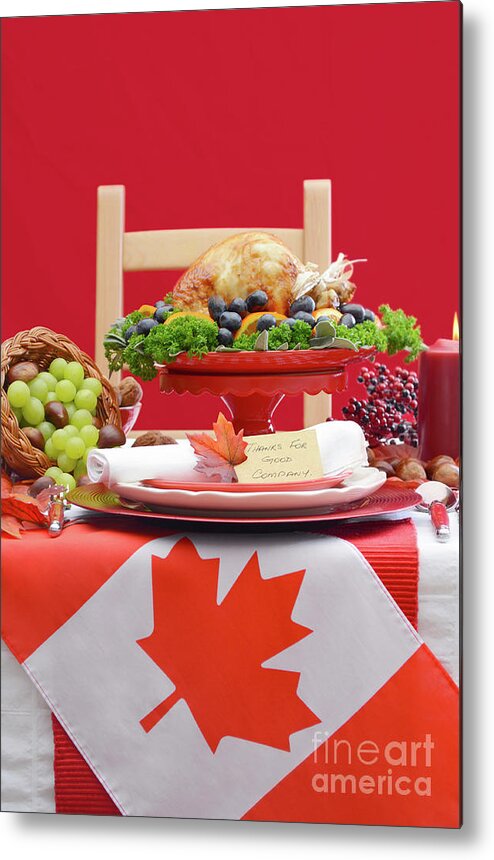 Apple Metal Print featuring the photograph Canadian Christmas or Thanksgiving Table with maple leaf flag.. #1 by Milleflore Images