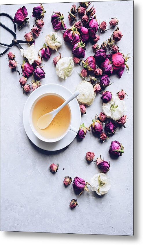 Fragility Metal Print featuring the photograph Cup of herbal tea with dried roses #1 by JuliaK