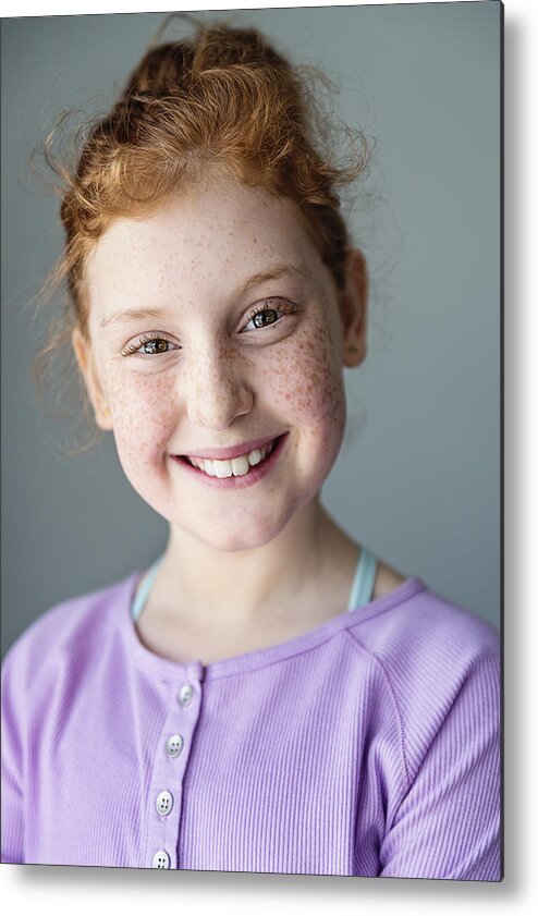 Child Metal Print featuring the photograph Cute and expressive preteen girl with redhead portrait. #1 by Martinedoucet