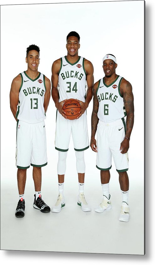 Malcolm Brogdon Metal Print featuring the photograph Malcolm Brogdon, Giannis Antetokounmpo, and Eric Bledsoe #1 by Gary Dineen