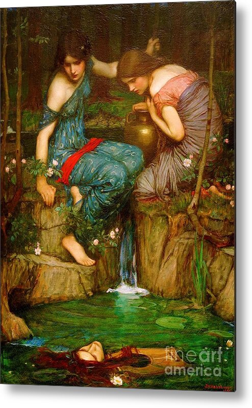 John William Waterhouse Metal Print featuring the painting Nymphs Finding the Head of Orpheus - 1905 by John William Waterhouse