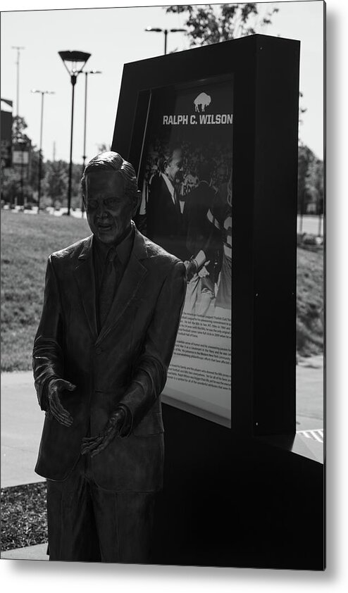 Buffalo New York Metal Print featuring the photograph Ralph Wilson statue at Buffalo Bills Stadium in black and white by Eldon McGraw