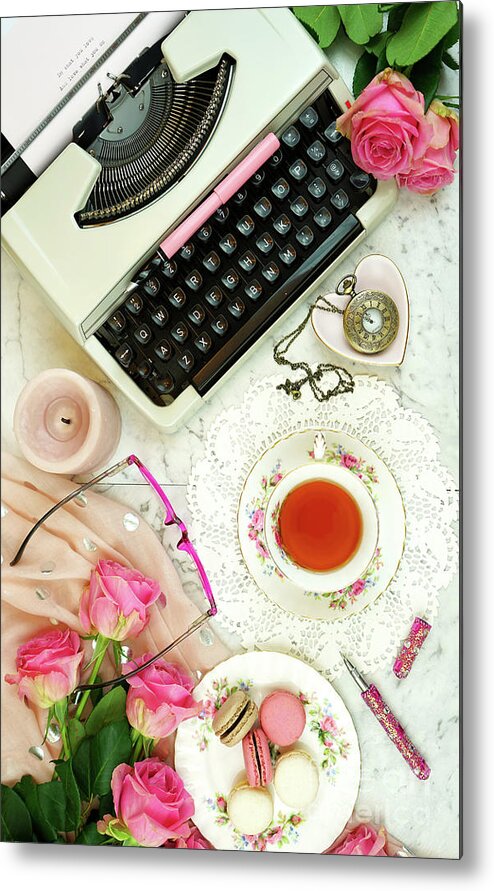 Retro Metal Print featuring the photograph Romantic vintage writing scene with old typewriter overhead on marble table. #1 by Milleflore Images
