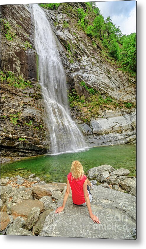 Switzerland Metal Print featuring the photograph woman in great waterfall of Bignasco #1 by Benny Marty