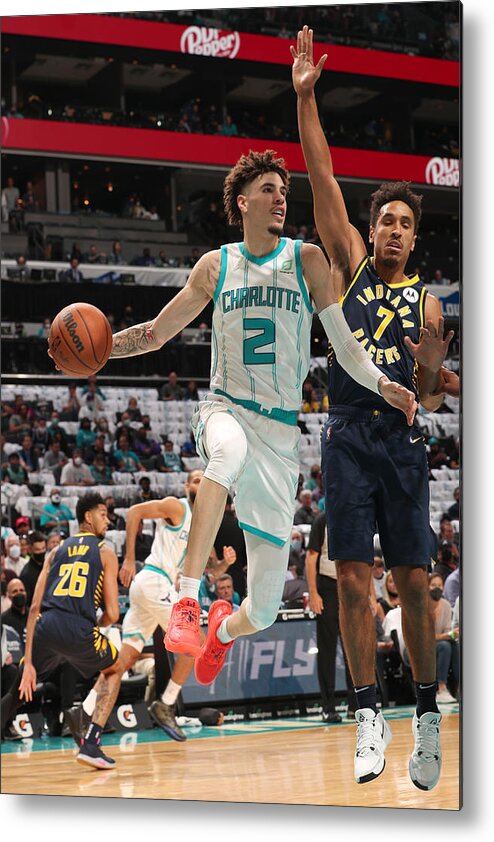 Lamelo Ball Metal Print featuring the photograph Indiana Pacers v Charlotte Hornets by Kent Smith