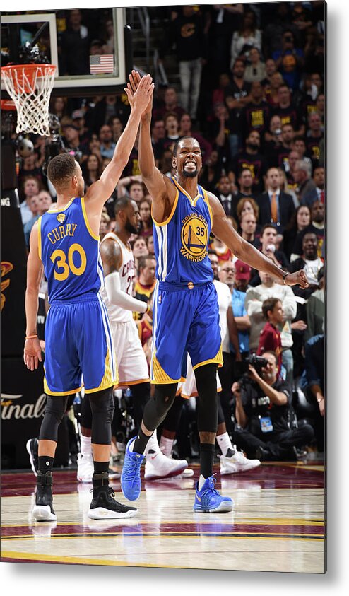 Stephen Curry Metal Print featuring the photograph Stephen Curry and Kevin Durant #5 by Andrew D. Bernstein