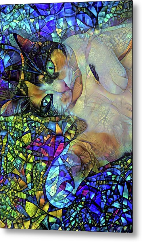 Calico Cat Metal Print featuring the digital art A Calico Cat Named Shadow - Stained Glass by Peggy Collins