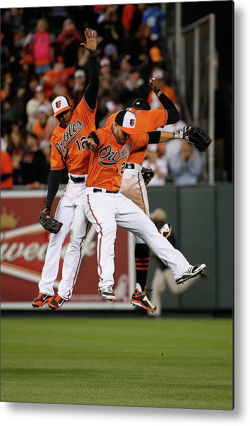 Following Metal Print featuring the photograph Alejandro De Aza, Steve Pearce, and Adam Jones by Rob Carr