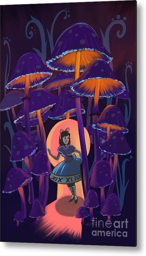 Alice In Wonderland Metal Print featuring the painting Alice in Mushroom Wonderland by Sassan Filsoof