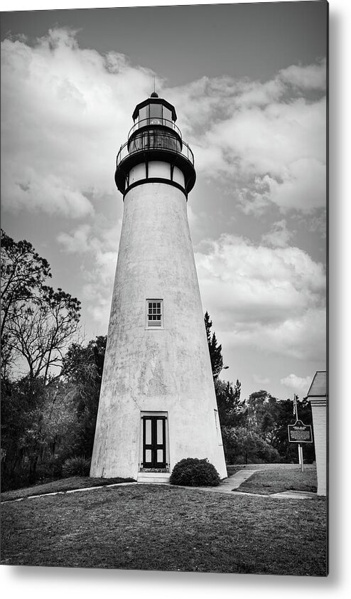 Clouds Metal Print featuring the photograph Amelia Island Lighthouse in the Clouds in Black and White by Debra and Dave Vanderlaan