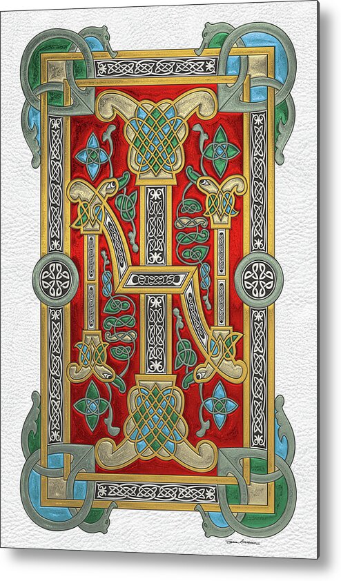 ‘celtic Treasures’ Collection By Serge Averbukh Metal Print featuring the digital art Ancient Celtic Runes of Hospitality and Potential - Illuminated Plate over White Leather by Serge Averbukh