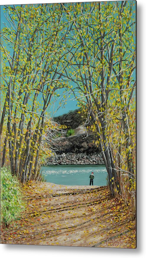 Aspen Metal Print featuring the painting Aspen Trees and Fisherman by Tommy Midyette