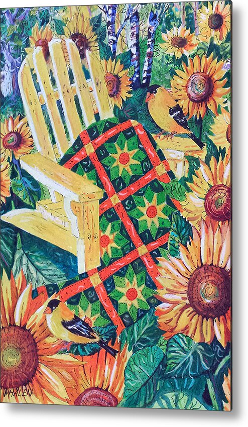 August Sunflowers And Quilt Metal Print featuring the painting August Sunflowers and Quilt by Diane Phalen
