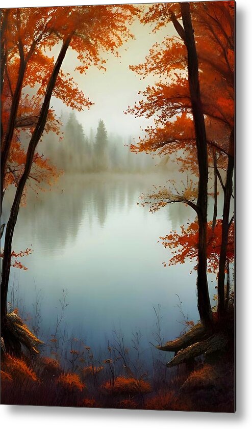 Waterscape Metal Print featuring the painting Autumn View - beautiful Fall waterscape by Bonnie Bruno