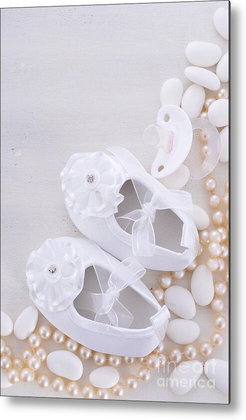 Accessories Metal Print featuring the photograph Baby shower neutral white background. by Milleflore Images