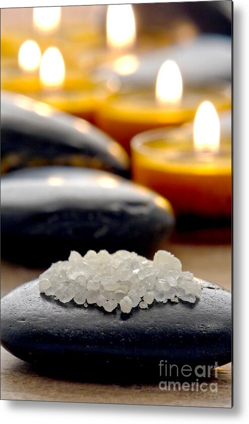 Bath Metal Print featuring the photograph Bath Salts on Polished Stone with Candles in a Spa by Olivier Le Queinec