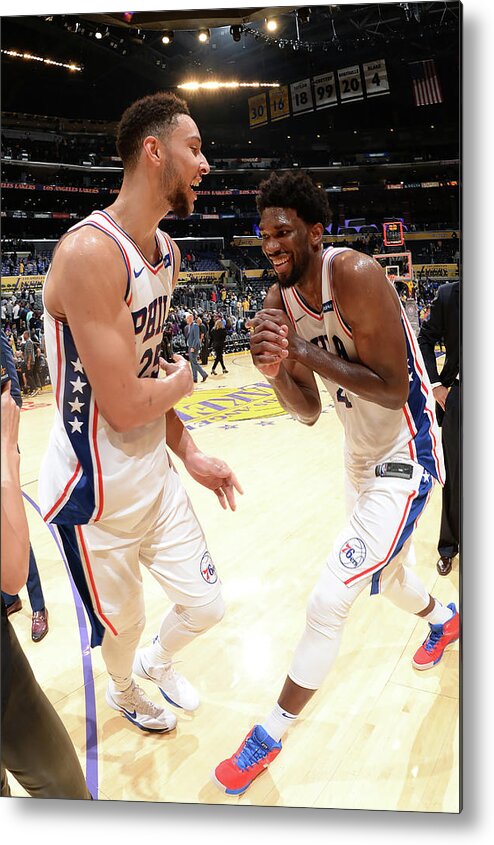 Ben Simmons Metal Print featuring the photograph Ben Simmons and Joel Embiid by Andrew D. Bernstein