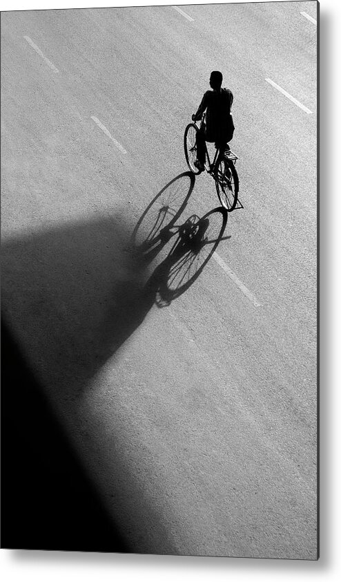 Minimalism Metal Print featuring the photograph Bicycle Shadow Vs Shadow Triangle by Prakash Ghai