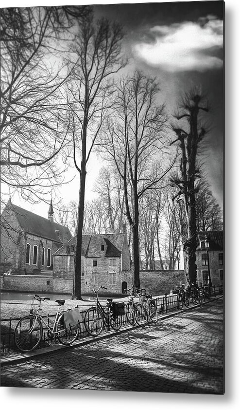 Bruges Metal Print featuring the photograph Bicycles of Bruges Belgium Black and White by Carol Japp