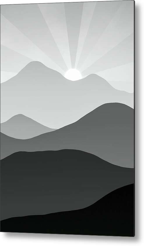 Black And White Metal Print featuring the digital art Black and White Abstract Mountains at Sunset by Matthias Hauser