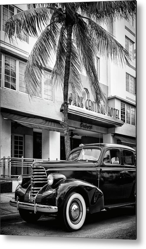 Florida Metal Print featuring the photograph Black Florida Series - Miami Beach Classic Car by Philippe HUGONNARD