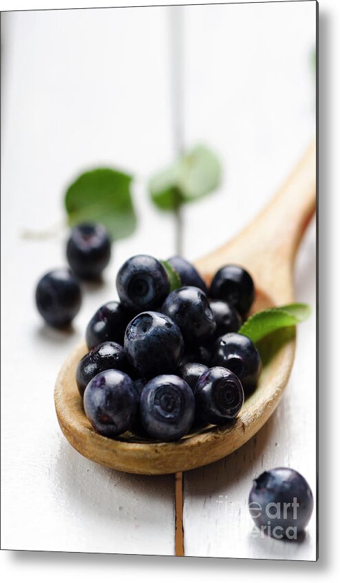 Blueberry Metal Print featuring the photograph Blueberry in wooden spoon by Jelena Jovanovic