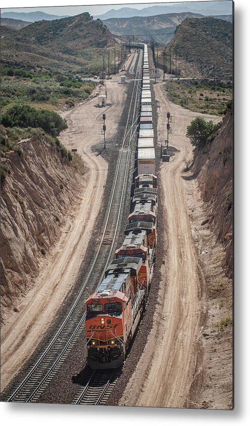 Railroad Metal Print featuring the photograph BNSF 7784 leads three other units west at Cajon Pass by Jim Pearson