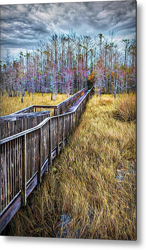 Clouds Metal Print featuring the photograph Boardwalk over the Marsh Painting by Debra and Dave Vanderlaan