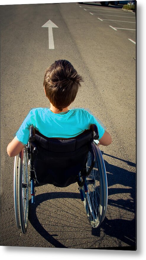 Problems Metal Print featuring the photograph Boy In Wheelchair Goes Ahead by By Ana Gassent
